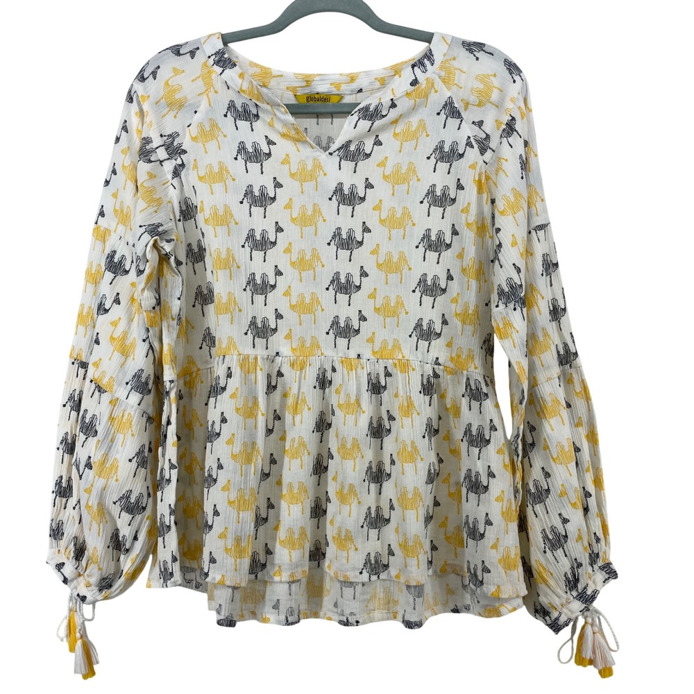 Global Desi Size L Peplum Blouse White Yellow Camel Print Cotton Tassel Women